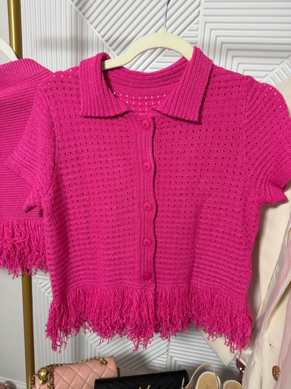 size S new Hot Pink Knit Fringe Two-Piece Set - Picture 4 of 7
